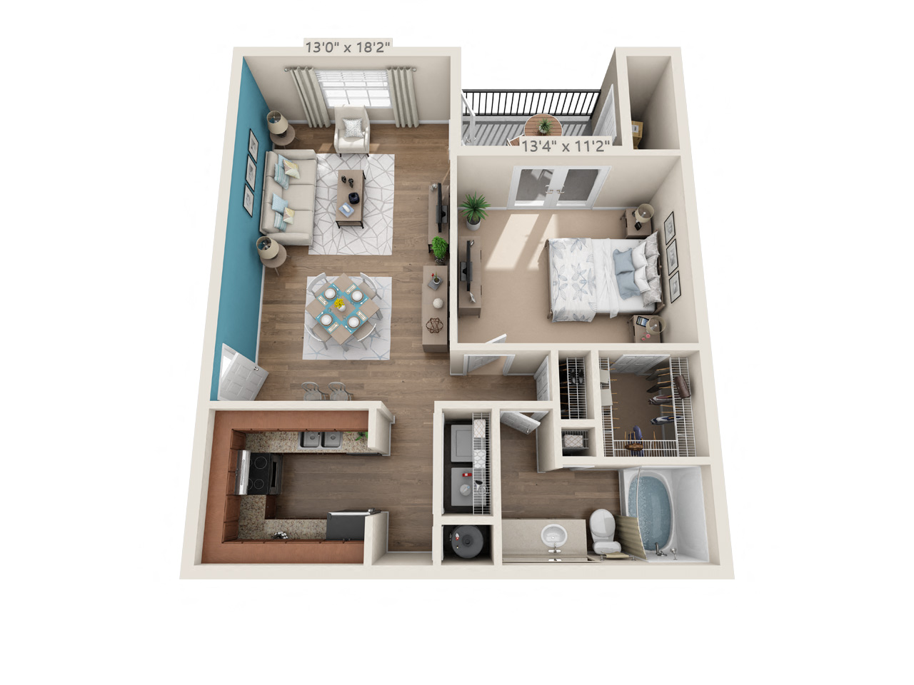 Floor plan for 1 bed, 1 bath, 739 sqft